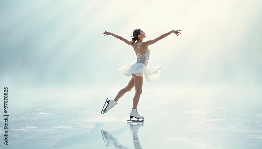 Female ice skater performs an elegant spin on a pristine rink with a bright, airy background.
Female ice skater performs an elegant spin on a pristine rink with a bright, airy background.