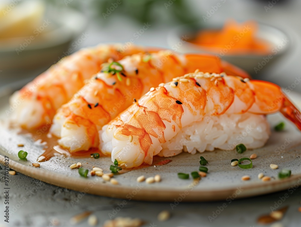 Ebi Nigiri shrimp sushi on a light plate with rosemary, close up Ebi Nigiri shrimp sushi on a light plate with rosemary, close up
