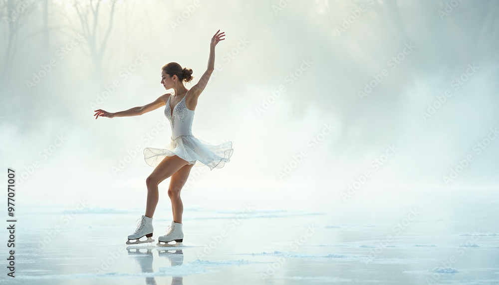 Female ice skater performs an elegant spin on a pristine rink with a bright, airy background.
Female ice skater performs an elegant spin on a pristine rink with a bright, airy background.