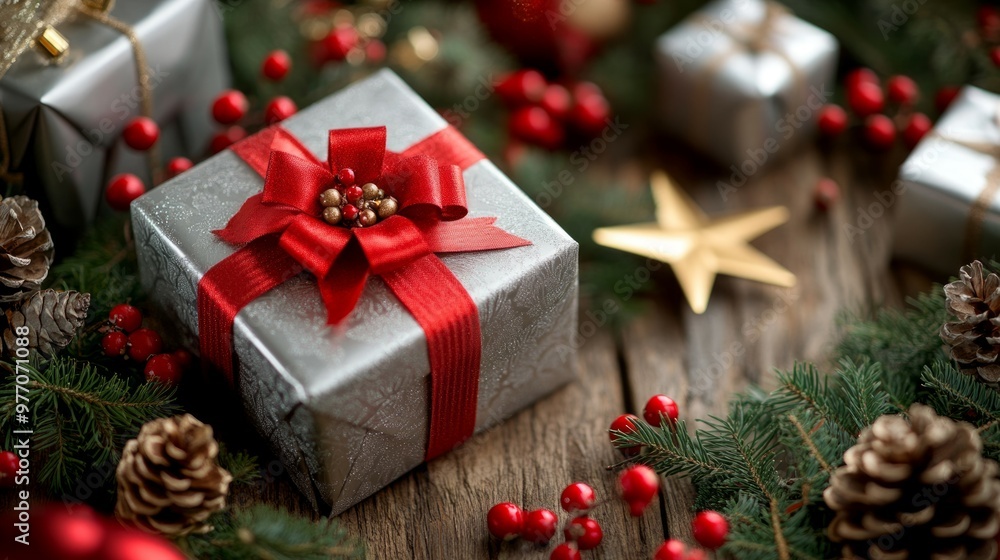 Christmas gifts and decorations on a wooden surface, featuring a large silver gift box with a red bow Christmas gifts and decorations on a wooden surface, featuring a large silver gift box with a red bow