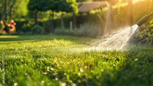 Fototapeta Naklejka Na Ścianę i Meble -  Hose watering a lawn during warmer months