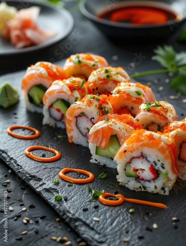 Ginza Roll crab sushi with cucumber and avocado on a slate background, close up