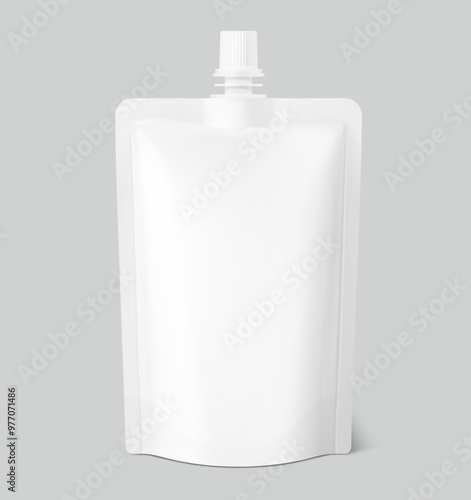 Spout pouch packaging bag mockup. Vector illustration isolated on white background. Front view. Can be use for template your design, presentation, promo, ad. EPS10.	