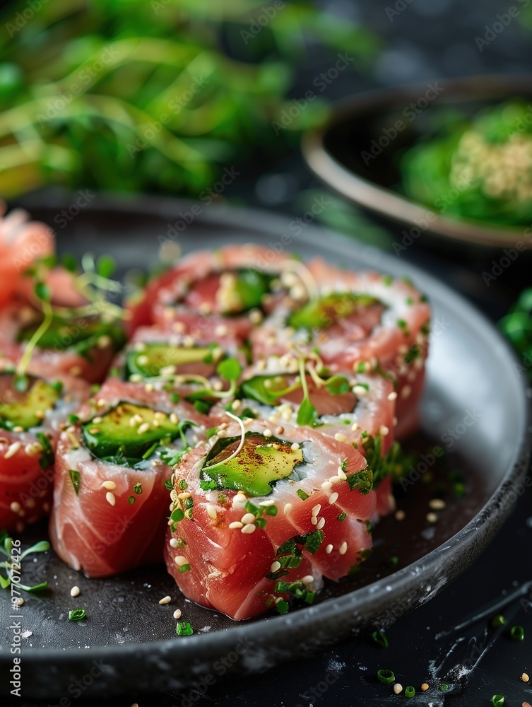 Seared tuna Christmas Roll with red tuna and green avocado wrapped in nori on a dark festive background Seared tuna Christmas Roll with red tuna and green avocado wrapped in nori on a dark festive background