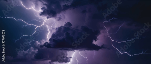 Storm weather with lightning and thunder, electricity bolt, dark sky with clouds, light and shine, grey, blue, purple and white colors, thunderstorm, thunderbolt realistic vector illustration