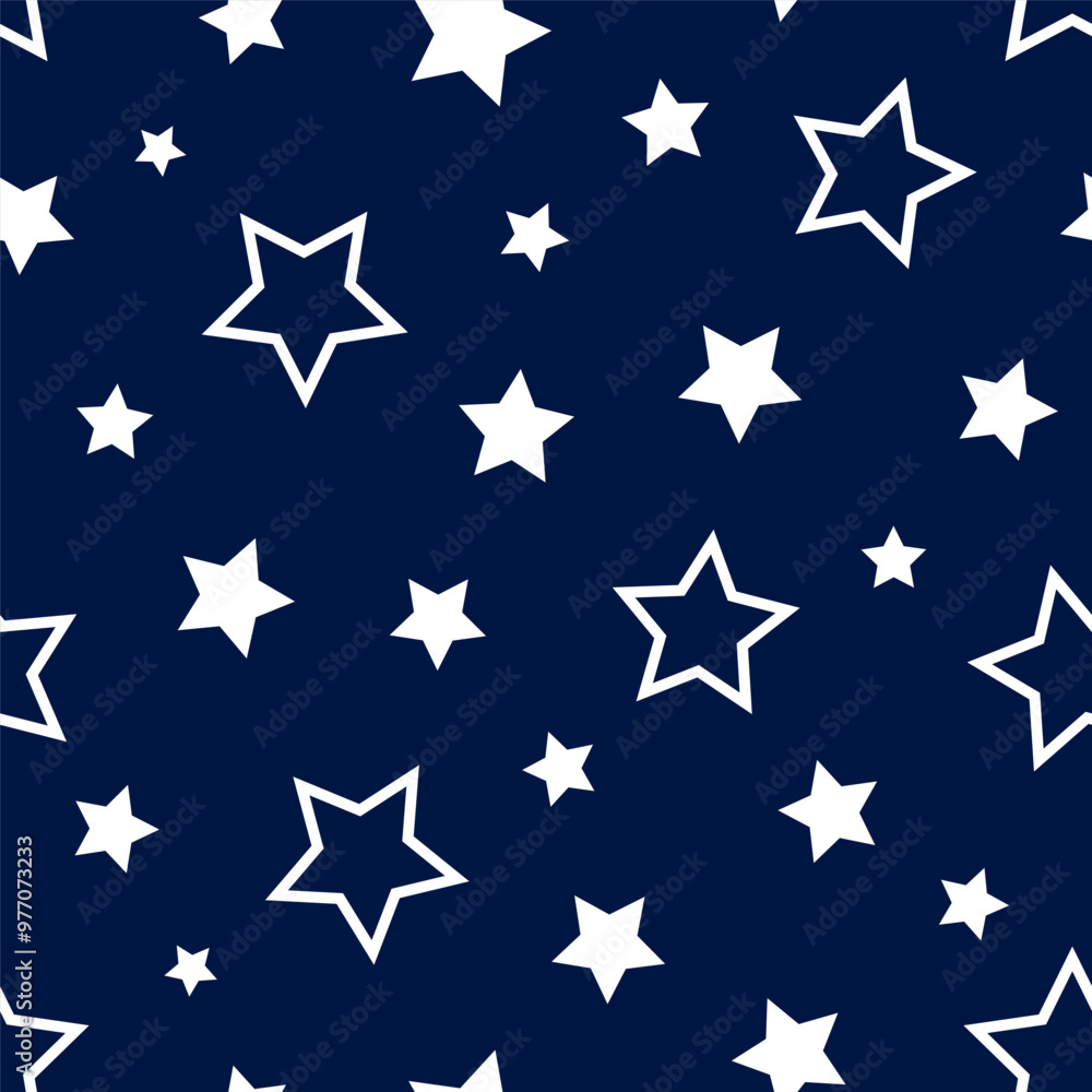 Star seamless pattern. Repeating white stars in blue background.
Simple geometric shape. Sky print. Abstract starry backdrop for prints design. Minimal patern. Dark lattice textur. Vector illustration Star seamless pattern. Repeating white stars in blue background.
Simple geometric shape. Sky print. Abstract starry backdrop for prints design. Minimal patern. Dark lattice textur. Vector illustration