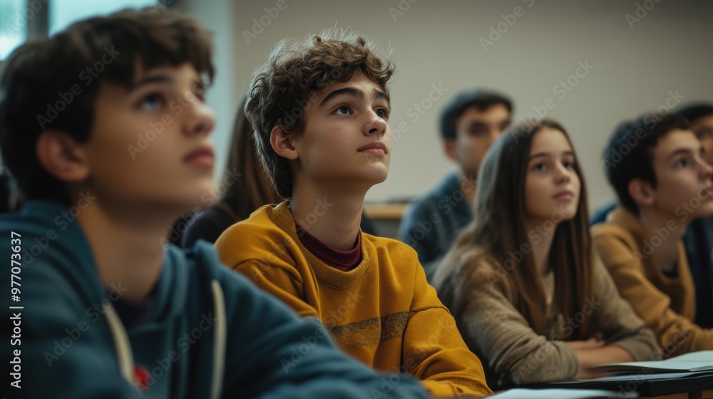 Fototapeta premium Group of attentive students listening in a classroom. Education and learning concept.