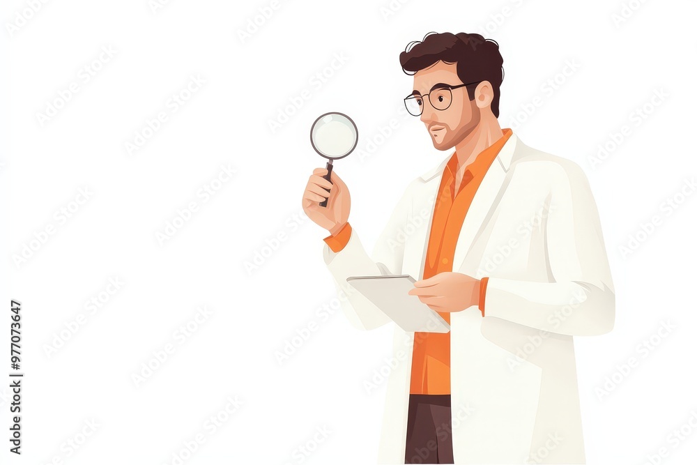 A Thoughtful Researcher Analyzing Data with a Magnifying Glass and Clipboard in a Bright Setting A Thoughtful Researcher Analyzing Data with a Magnifying Glass and Clipboard in a Bright Setting