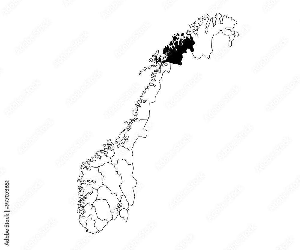 Map of troms County in Norway country on white background. single ...