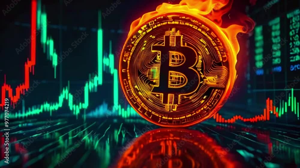 A burning Bitcoin coin on a financial chart with red and green lines. A burning Bitcoin coin on a financial chart with red and green lines.