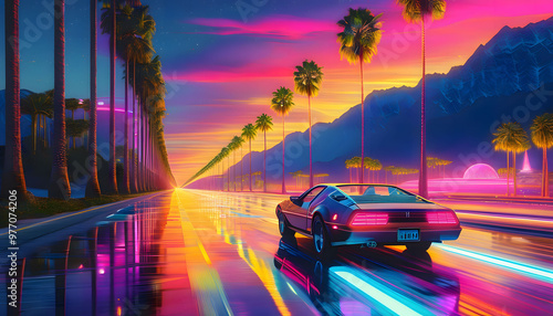 80s retro futuristic drive background with vintage car. Stylized sci-fi city landscape in outrun VJ style, night sky. Vaporwave illustration for EDM music video, DJ set, club. 4k