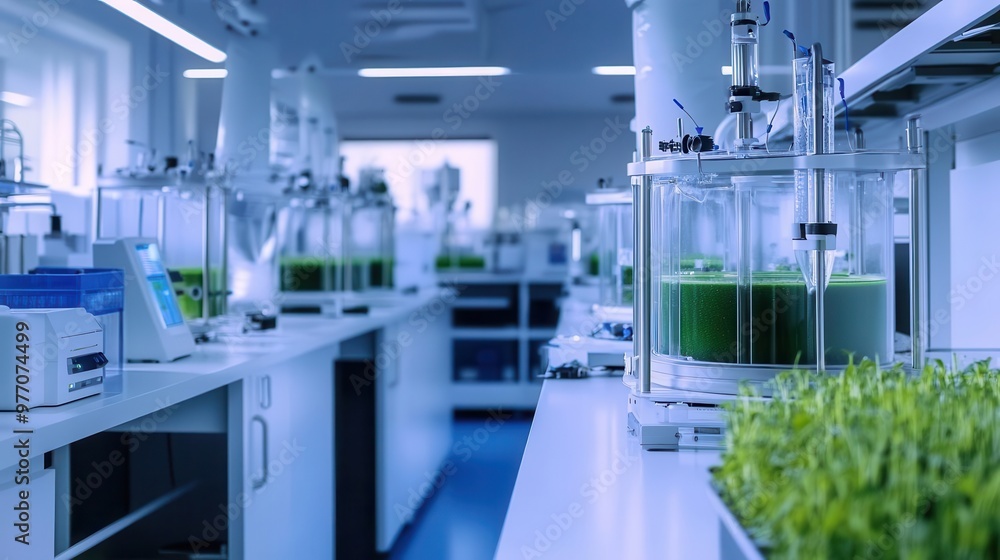 A sleek laboratory with advanced bioreactors processing algae, clean energy research, biotechnology concept, Advance Bioreactors Laboratory A sleek laboratory with advanced bioreactors processing algae, clean energy research, biotechnology concept, Advance Bioreactors Laboratory
