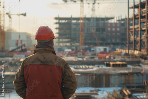 Focus on a charismatic architect, in the background construction for a mega warehouse cranes.