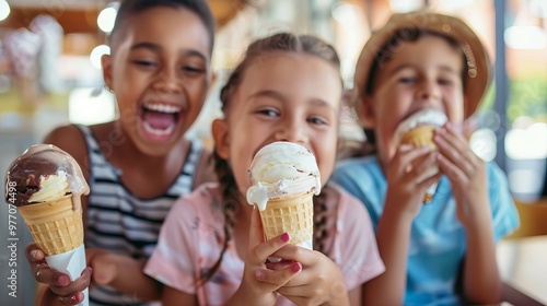 Happy kids eating ice cream outdoors