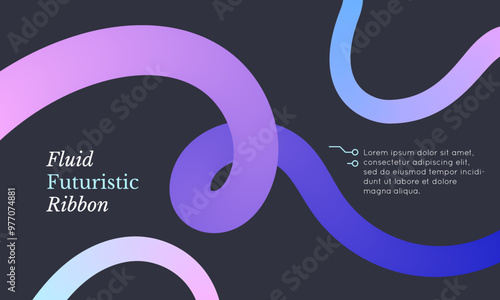 Gradient fluid line. Banner template with abstract flowing ribbon on dark gray background. Vector illustration. Blend palette. Brochure design. Tech trendy flyer.