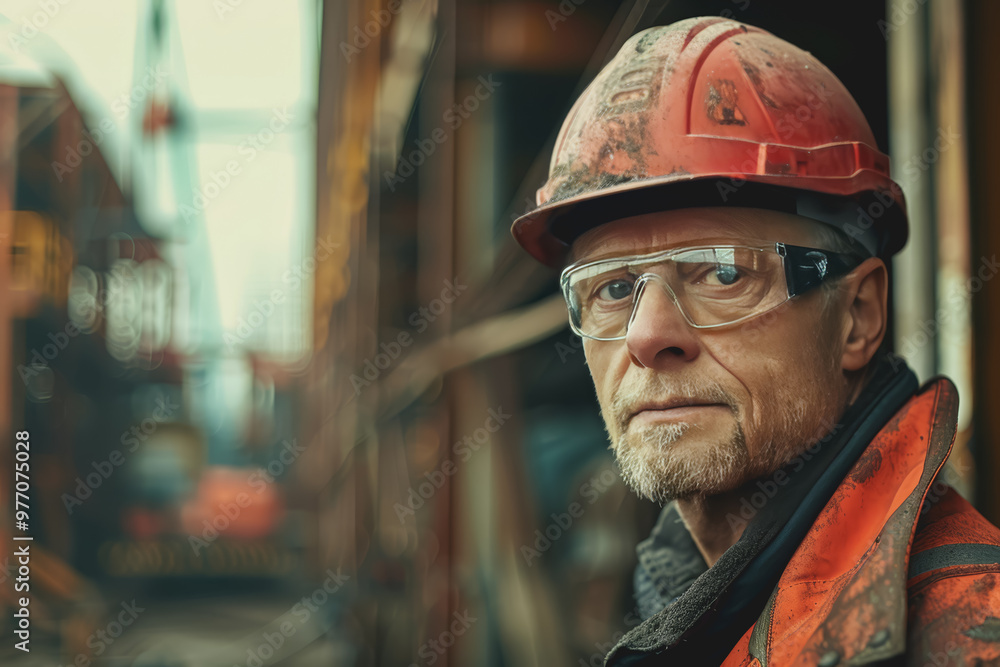 Focus on a charismatic architect, in the background construction for a mega warehouse cranes. Focus on a charismatic architect, in the background construction for a mega warehouse cranes.