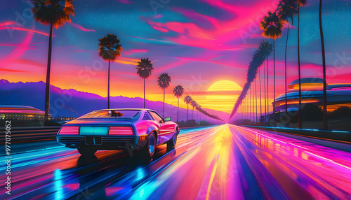 80s retro futuristic drive background with vintage car. Stylized sci-fi city landscape in outrun VJ style, night sky. Vaporwave illustration for EDM music video, DJ set, club. 4k