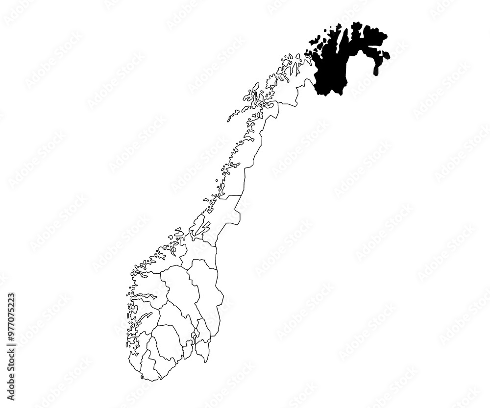 Fototapeta premium Map of finnmark County in Norway country on white background. single County map highlighted by black colour on Norway map. Norwegian, NOR
