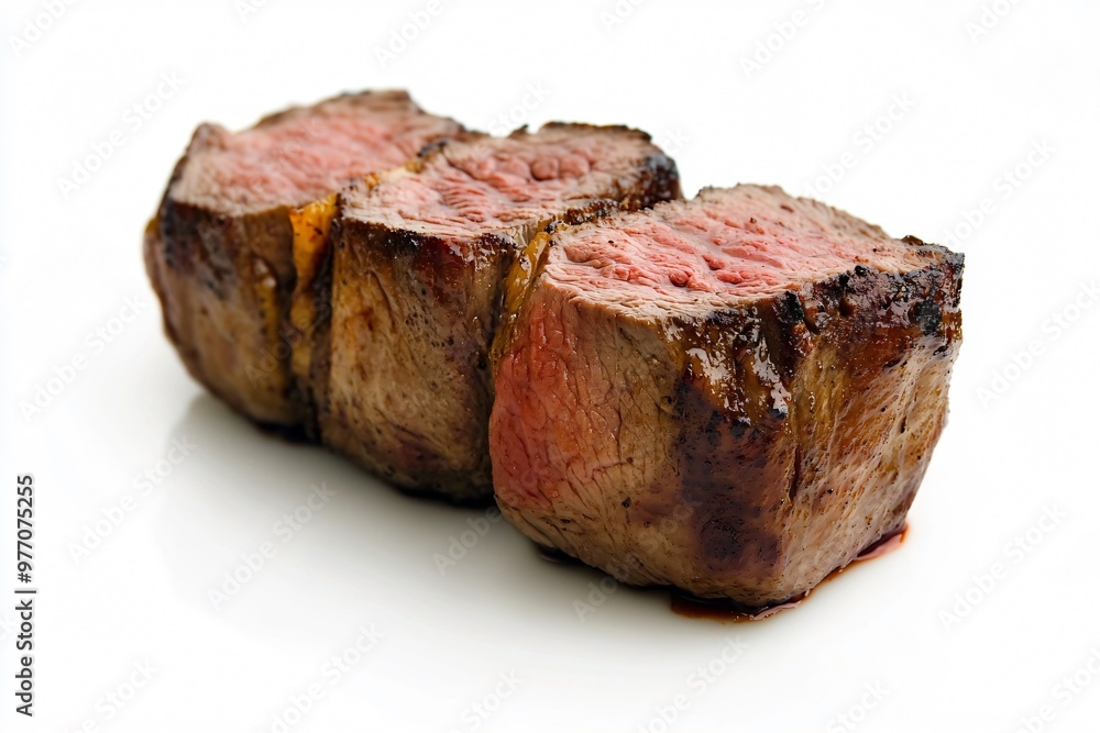 Obraz premium Three succulent grilled beef steaks are resting on a white surface, ready to be enjoyed