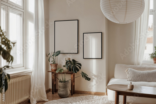 Blank black frame mockups in nordic contemporary scandinavian living room interior. Empty template of two posters or wall arts mock up din A ratio, home interior in beige tones, white wall background