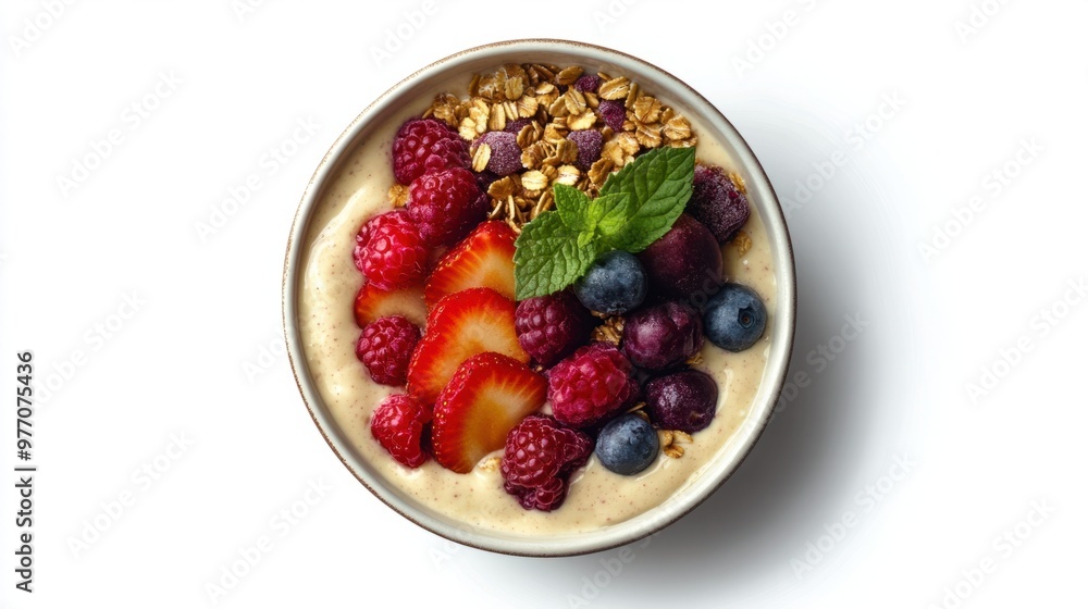 A vanilla-flavored smoothie bowl topped with fresh fruit and granola, displayed on a clean white background. A vanilla-flavored smoothie bowl topped with fresh fruit and granola, displayed on a clean white background.