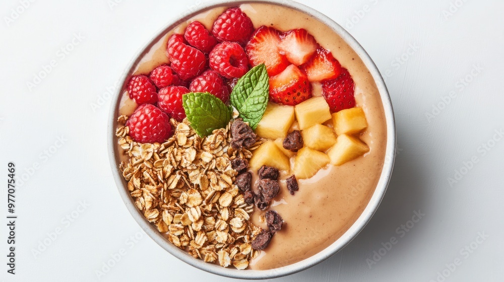 A vanilla-flavored smoothie bowl topped with fresh fruit and granola, displayed on a clean white background. A vanilla-flavored smoothie bowl topped with fresh fruit and granola, displayed on a clean white background.