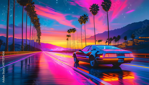 80s retro futuristic drive background with vintage car. Stylized sci-fi city landscape in outrun VJ style, night sky. Vaporwave illustration for EDM music video, DJ set, club. 4k