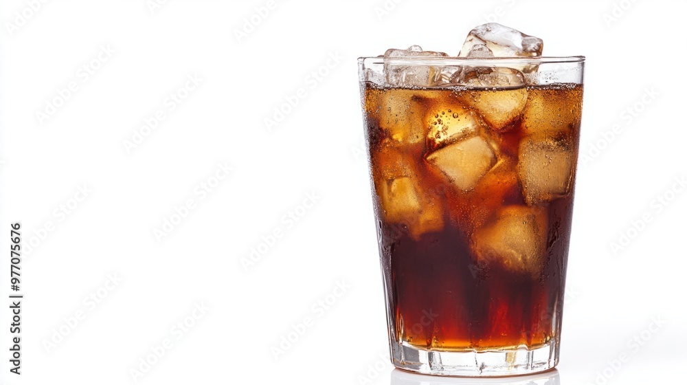 A vanilla-infused cold brew coffee in a clear glass with ice cubes, isolated on a white background. A vanilla-infused cold brew coffee in a clear glass with ice cubes, isolated on a white background.