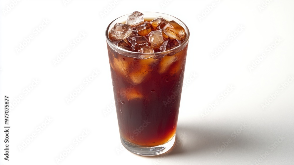 A vanilla-infused cold brew coffee in a clear glass with ice cubes, isolated on a white background. A vanilla-infused cold brew coffee in a clear glass with ice cubes, isolated on a white background.