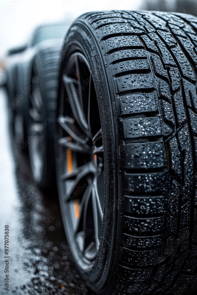 Close-up view of wet car tires on a rainy day showcasing tread patterns and modern design for optimal road grip Close-up view of wet car tires on a rainy day showcasing tread patterns and modern design for optimal road grip