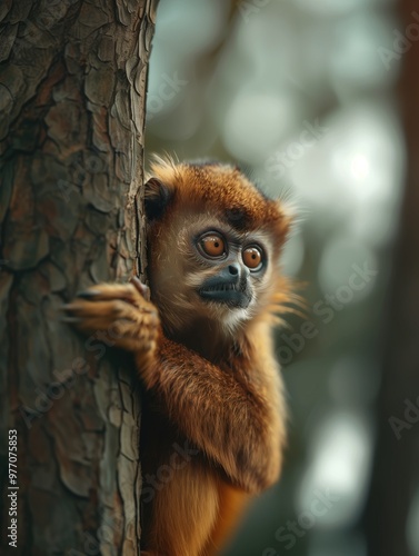 Detailed close up of Titi Monkey, Callicebus species, in its natural habitat photo