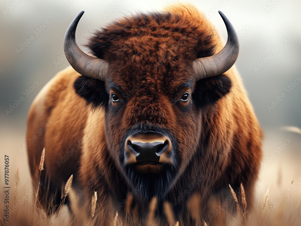 Majestic Bison, American Buffalo, Bison bison, close up with warm tones in grassland landscape Majestic Bison, American Buffalo, Bison bison, close up with warm tones in grassland landscape