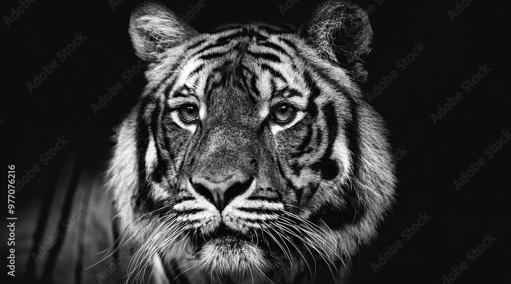 An elegant black and white shot of a majestic tiger in a dark setting An elegant black and white shot of a majestic tiger in a dark setting