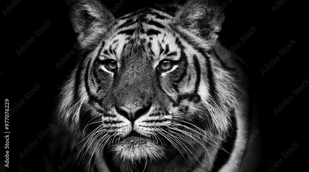 An elegant black and white shot of a majestic tiger in a dark setting An elegant black and white shot of a majestic tiger in a dark setting