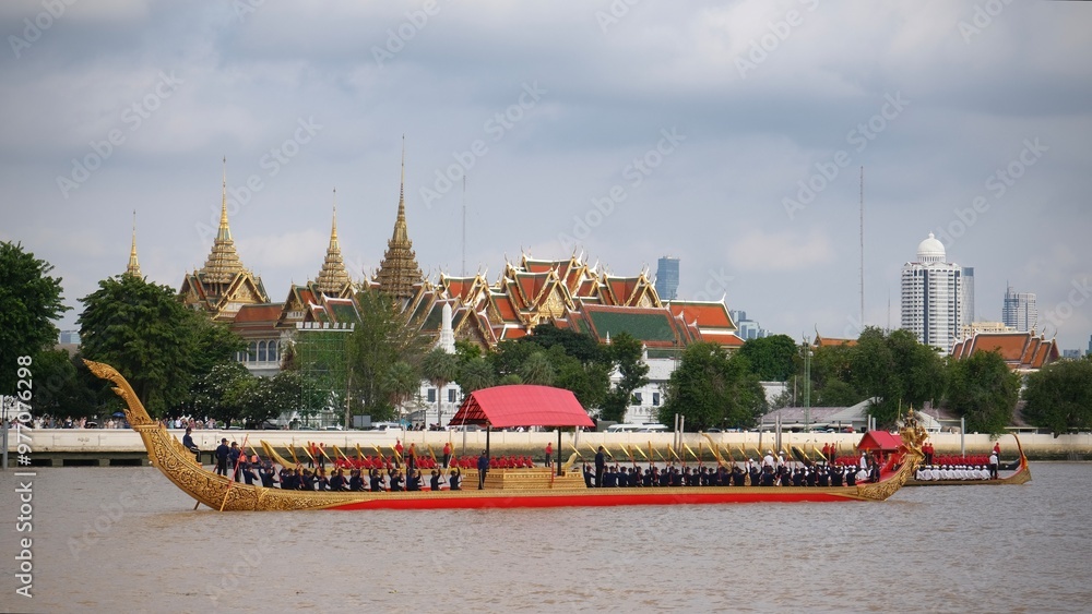 Naklejka premium The training of Grand Royal Barge Procession for the Royal Kathin Ceremony on Chao Phraya River.