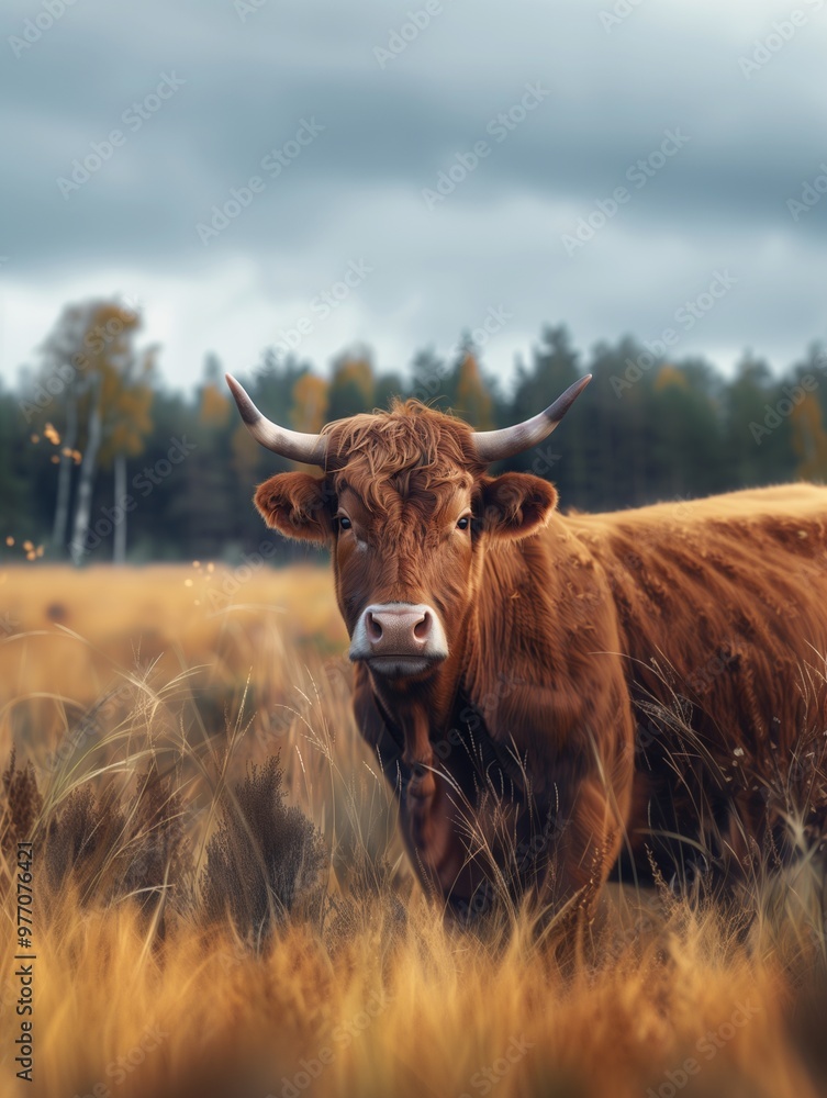 Domestic Cow in Meadow, Farm Animal, Rural Landscape Domestic Cow in Meadow, Farm Animal, Rural Landscape