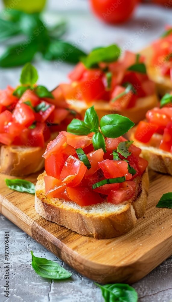 Fresh Bruschetta With Tomato, Basil On Toasted Garlic Bread On Wooden Chopping Board, Close-Up Fresh Bruschetta With Tomato, Basil On Toasted Garlic Bread On Wooden Chopping Board, Close-Up