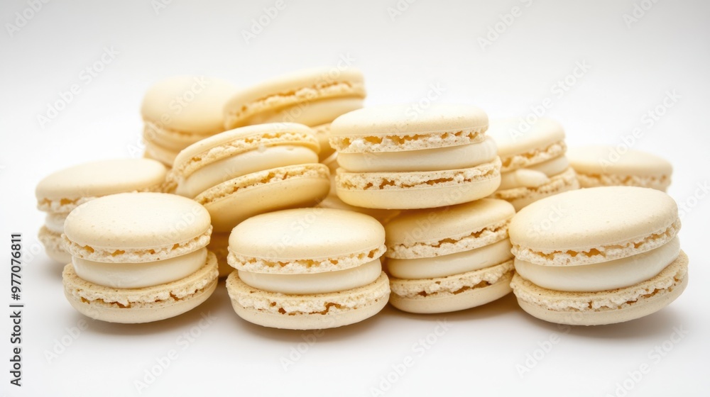 A pile of vanilla-flavored French macarons with smooth cream filling, displayed neatly on a white background. A pile of vanilla-flavored French macarons with smooth cream filling, displayed neatly on a white background.