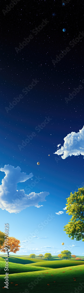 Beautiful night sky full of stars with white clouds at the bottom and green fields below Beautiful night sky full of stars with white clouds at the bottom and green fields below