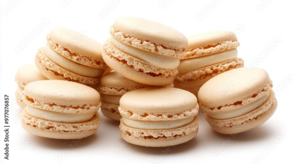 A pile of vanilla-flavored French macarons with smooth cream filling, displayed neatly on a white background. A pile of vanilla-flavored French macarons with smooth cream filling, displayed neatly on a white background.