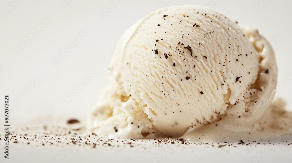 A scoop of vanilla ice cream with visible vanilla bean specks, melting slightly on a white background. A scoop of vanilla ice cream with visible vanilla bean specks, melting slightly on a white background.