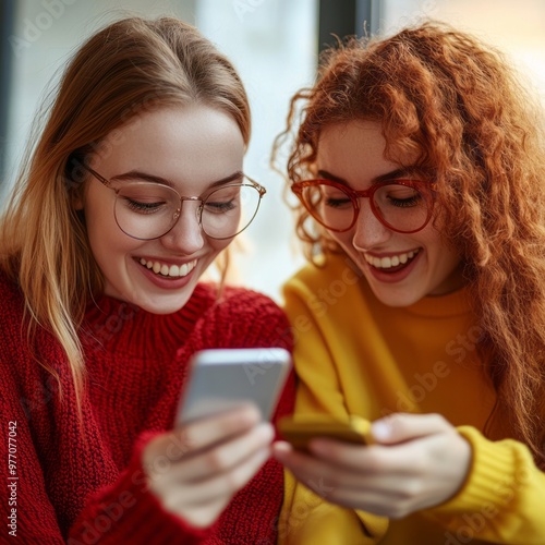 two young women walking and using her mobiles photo