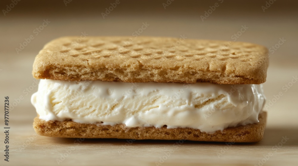 A single vanilla ice cream sandwich with soft cookie layers and smooth vanilla filling. A single vanilla ice cream sandwich with soft cookie layers and smooth vanilla filling.