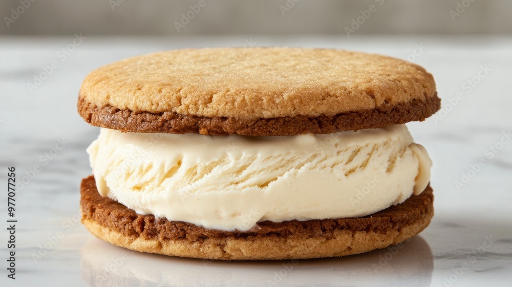 A single vanilla ice cream sandwich with soft cookie layers and smooth vanilla filling. A single vanilla ice cream sandwich with soft cookie layers and smooth vanilla filling.