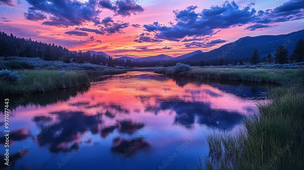 Fototapeta premium Serene River Reflecting a Vibrant Sunset in the Mountains