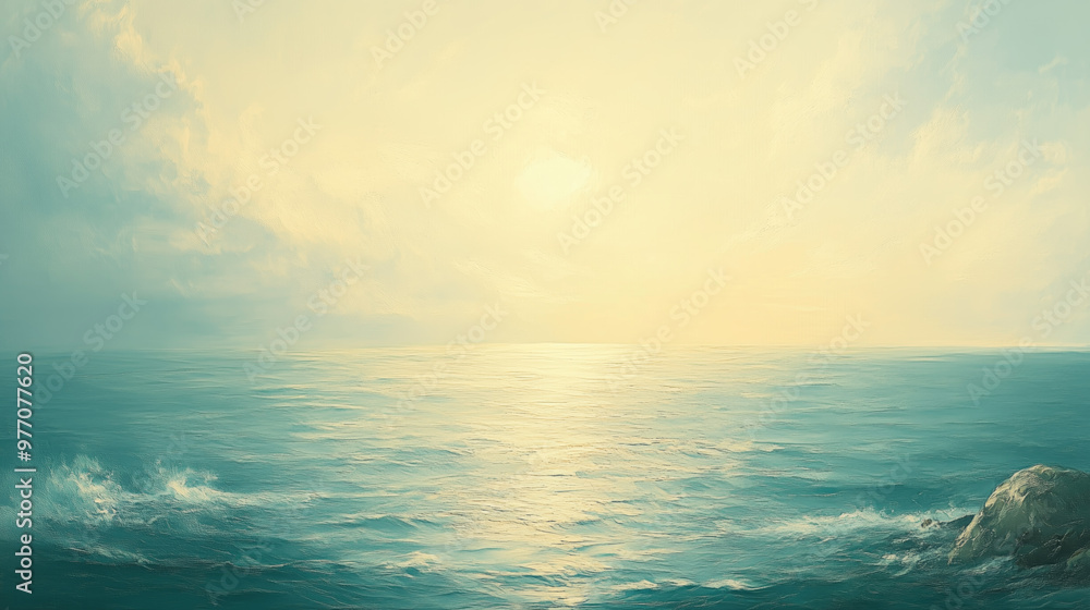 Sun shining on calm ocean with clouds and rocks in foreground Sun shining on calm ocean with clouds and rocks in foreground