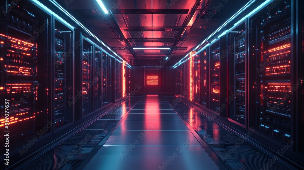 Fototapeta premium Server room interior with glowing red and blue lights. High-tech data center with server racks.