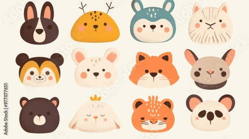 Set of vector illustrations featuring cute baby animal faces Hand drawn character cards ideal for printing graphics and posters with a trendy Scandinavian design for kids
