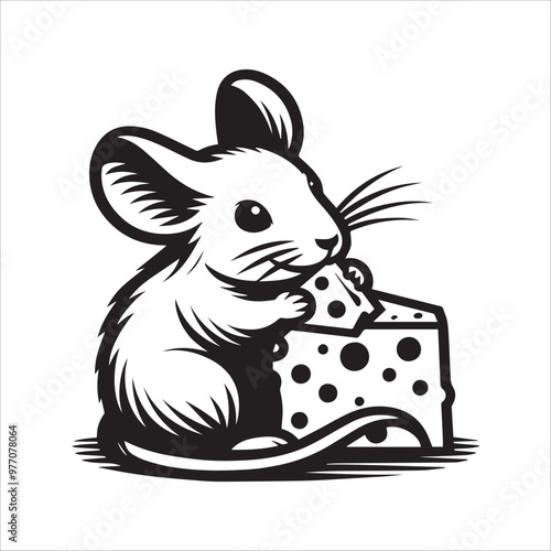 A mouse enjoys a piece of cheese vector illustration silhouette