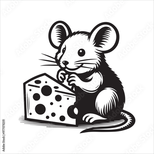 A mouse enjoys a piece of cheese vector illustration silhouette